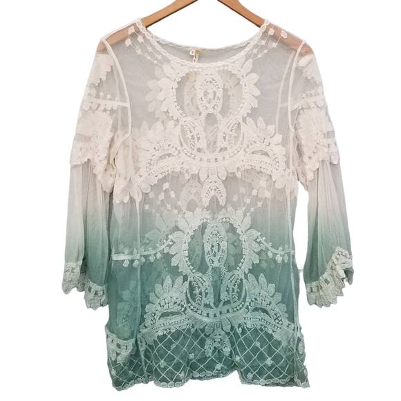 White Green Lace Long Sleeve Sheer Top Cover Up Ombre S - Picture 1 of 5